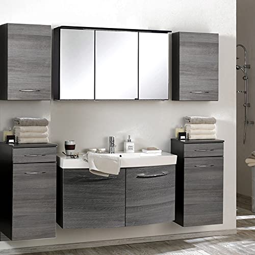 Lomadox Komplett Badezimmermöbel Set Eiche Rauchsilber Graphitgrau Waschtisch Badezimmer Badezimmermöbel LED Spiegelschrank