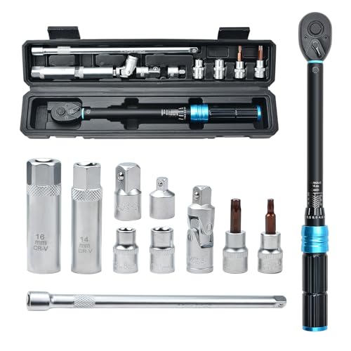 Zoomtools 11pc 3/8 Adjustable Preset Torque Socket Spark Plug Torque Ratchet Wrench Set 5-60Nm with 8-10-14-16mm Sockets 1/2& 1/4 adapters for Car Motorcycle Truck