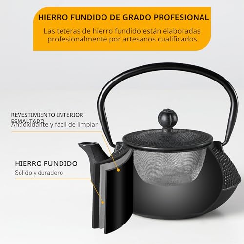 Miniatura 3 de Velaze - Teteras De Hierro Fundido Y Taza De Hierro Con Infusor, Tetera De Inducción Esmaltada Negra De 700 Ml, Juego De Teapot De Hierro Tradicional Con Cesta De Acero Inoxidable, Bandeja De Hierro