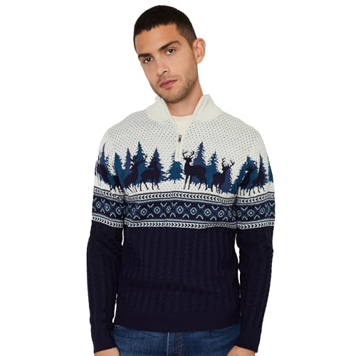 Pull de Noël torsadé à col camionneur zippé avec motifs Fairisle pour homme