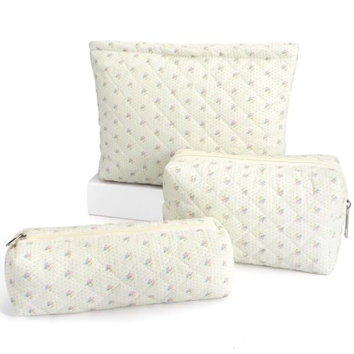 EIMMBD Makeup Bag 3 Pieces Large Capacity Checkered Cosmetic Bag Travel Toiletry Bag Organizer Cute Makeup Bag Pouch Storage Bag for Women(Beige Floral)