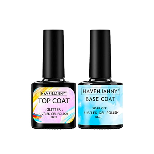 HavenJanny Glitter Top Coat and Base Coat, Top Coat Base Coat Set Gel Nail Polish,LED Soak Off Gloss and Shiny Finish For Home DIY and Nail Salon 2 X 10ml (Glitter Top Coat Set)