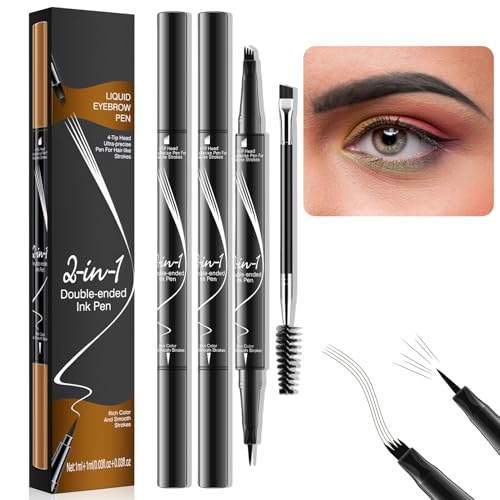 2PCS Eyebrow Pen,2-in-1 Magical Eyebrow Pencil with 4 Tip Microblading Brow Pen,Waterproof Ultra-Precise Brow Pencil,with Dual-ended Eyebrow Brush,Eyebrow Drawing Tool for Natural Looking,Grey