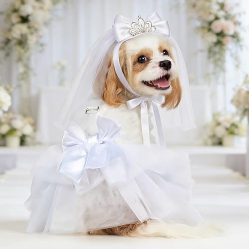 PUPTECK Dog Wedding Dress with Crown Veil Set Pet Lace Princess Tutu Dress with Bow and Leash Ring for Wedding Birthday Party Outfits Puppy Apparel for Small Medium Dogs White S
