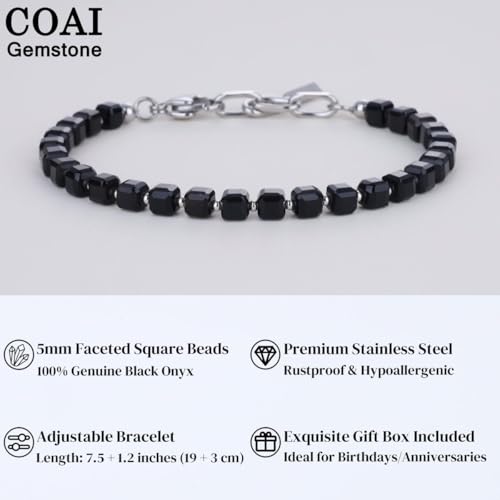 COAI Beaded Bracelet for Men, Cube Crystal Gemstone Bracelet for Men, 5MM Onyx/Indian Agate/Labradorite/Picture Jasper3