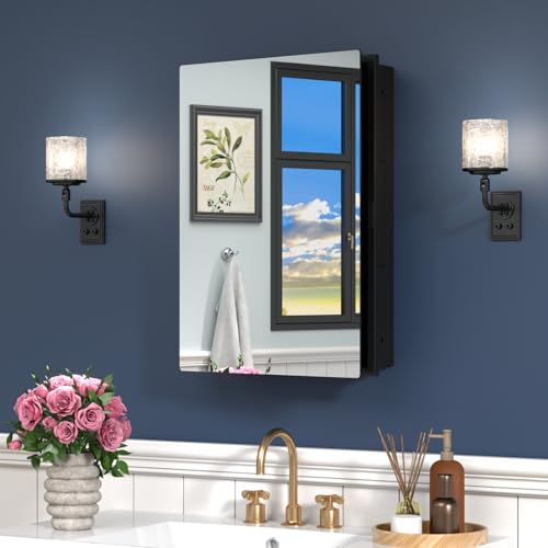 Image of Black Medicine Cabinet with Mirror, 15x20 Inch Bathroom Mirror with Storage, Waterproof Metal Recessed and Surface Mount Medicine Cabinets, Stable and Removable 2 Glass Shelves, Easy Installation