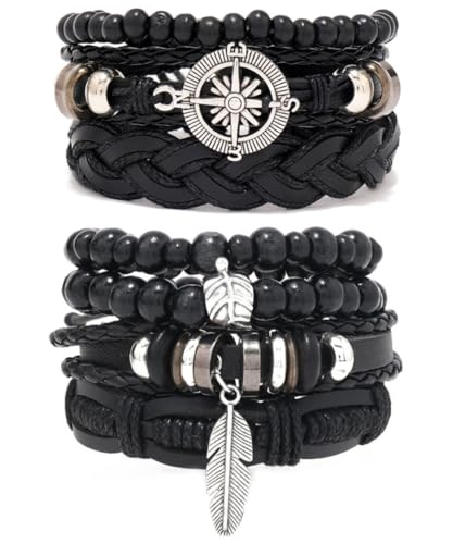 Tomovely 7 Pieces Leather Cuff Bracelet for Men Women, Multilayer Braided Wristband, Adjustable 6.5-9.5 Inches Wrap Bracelets Punk Gothic Grunge