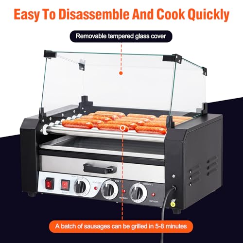 Electric Hot Dog Roller, 7 Rollers Hot Dog Machine, 18 Hot Dogs Capacity, Grill Warmer With Independent Temperature Control, Detachable Glass Hood Cover & Oil Drip Tray, 5-8 Min Quick Cooking
