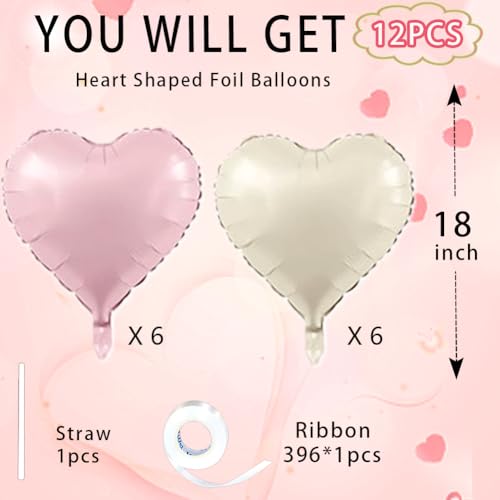 Image of Baby Pink & Baby White Heart Balloons，18 Inch Foil Love Heart Shaped Balloons for Valentines Birthday Wedding Engagement Anniversary Party Graduation Baby Shower Decorations 12Pcs