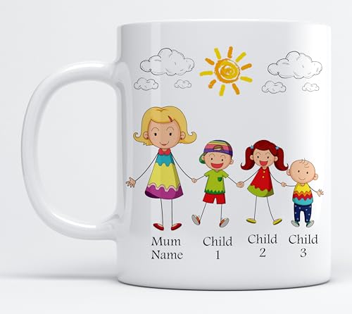 Image of EKAM Personalised Family Mug - Gifts for Mum, Mothers Day, Birthday Gifts Presents for Mum Mummy Mother Her from Daughter Son Mothers Day Gifts - 11oz Ceramic White Tea Mug Custom with Names