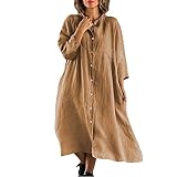  Vimoli Robe Chemise Femme Chic Boutonnés Col Montant Robes Tunique à Manches 3/4 Couleur Unie A-Line Longue Robe Cotton en Line Grande Taille Lâché Robes Décontractée avec Poches(A Marron,3XL)