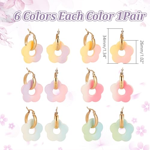 arricraft 6 Paires 6 Couleurs Boucle d'oreille de cercle de fleur Charms, couleur de gradient de fleur Acrylique opaque avec boucles d'oreille en acier inoxydable 304 – vue 2