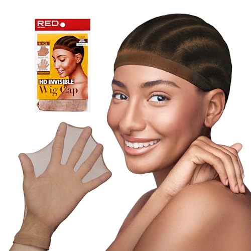 Red by Kiss HD Invisible Wig Cap, Ultra-Thin & Natural Blending, Extra Elasticity & Comfortable, Transparent Wig Essentials (Dark Brown, 5 Pcs)
