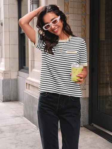 LILLUSORY Womens Striped Short Sleeve Sweater Pullover Shirts with Chest Pocket2