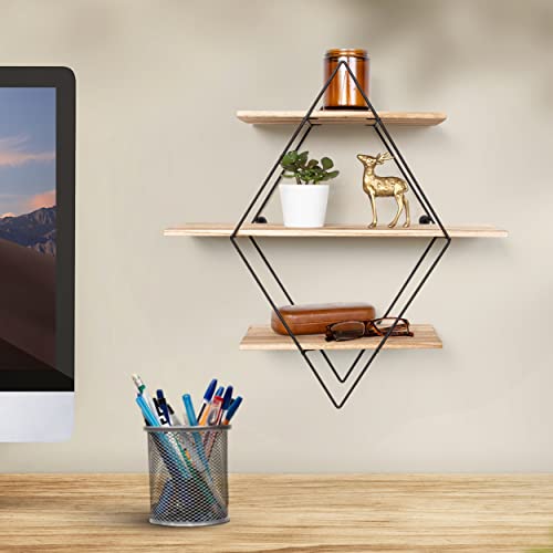 Greenco Geometric Diamond Shaped 3 Tier Mounted Floating Shelves, Rustic Wood Wall Storage Shelves For Bedroom, Living Room, Bathroom, Kitchen, Office, Natural Finish #TOP1