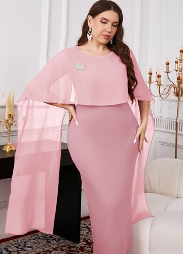 ZOMVA Plus Size Elegant Chiffon Cape Dress Crew Neck Wedding Guest Bodycon Cocktail Pencil Maxi Dresses, Without Brooch3