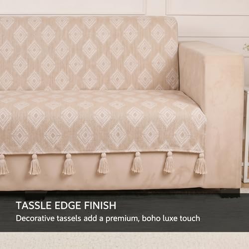 Image of STITCHNEST 'Verdant Rekhika Stories' 2 Seater Sofa Cover | Full Coverage with Armrest Pockets | Elegant Jacquard Fabric, Decorative Tassels, Washable & Durable for Modern Living