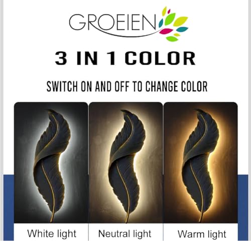 Image of Groeien 12W | 3 Color Modern LED Black Feather Wall Sconce Gold Wall Light for Bedroom Living Room Corridor Lighting Fixtures Wall Mount(Warm+Natural+Coolwhite)(Feather-Black, 1)