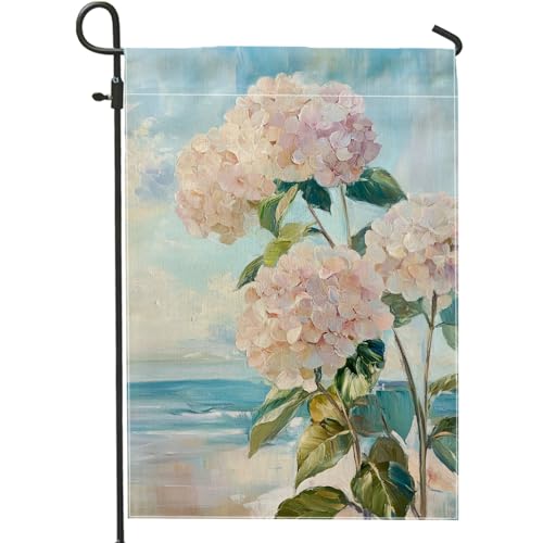 Bandera de jardín de hortensias de melocotón pastel para primavera y verano, decoración floral para el hogar, decoración de patio de doble cara, decoración al aire libre para fiestas y césped, 12 x 18