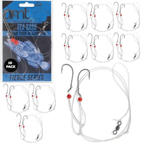 10 Pack Sea Bass Fishing Rigs for Saltwater - Uncle Mo’s Fishing Tackle Hi/Lo Fierce Series 3/0 Bait Hook, Hand Tied 60lb Heavy Duty, Croaker, Fluke & Porgy Rigs, 80lb Swivel, Bottom Sinker Loop