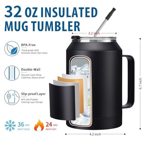 Image of 32 oz Insulated Coffee Mug Tumbler - w / Handle, 2-in-1 Straw & Chug Lid, Silicone Boot, Double Wall Vacuum Insulated Tumblers Cups 32oz, Leak Proof Stainless Steel Water Bottle Work Home Travel Mugs