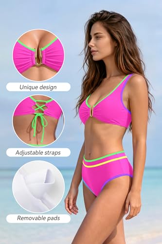 Bikini taille haute bicolore au design moderne et graphique - 4