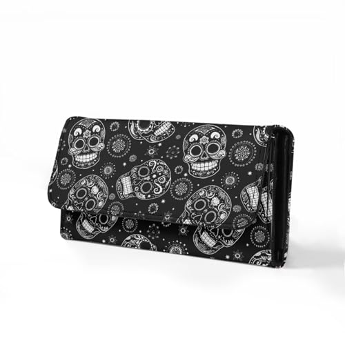 Image of AFPANQZ Hippie Skull Print Womens Leather Wallets Large Capacity Card Holder Zipper Travel Purse, Phone Holder Coin Zip Pocket Multi Cards
