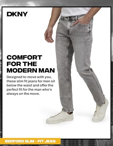 Image of DKNY Bedford Slim Fit Jeans for Men - Tapered Leg Stretch Denim Pants, Classic 5-Pocket Styling | Mens Slim Fit Jeans