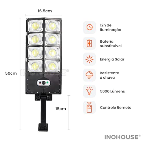 Holofote Solar Refletor 400w Poste Autonoma 5000 Lumens Controle IP65 KIt Completo Preta