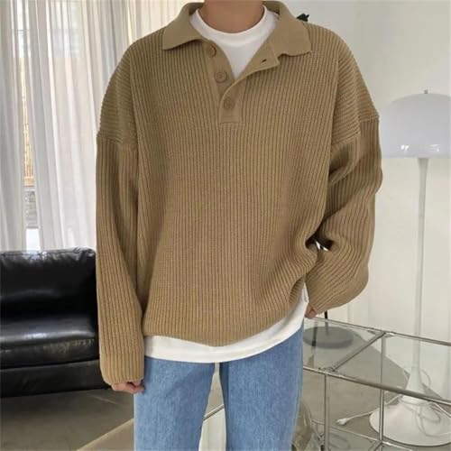Men Retro Solid Color Knitted Loose Couple Lapel Sweater2
