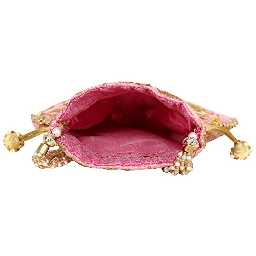 Potli Bag For Women Indian Ethnic Handbag Embroidered Ladies Floral Batwa Wedding Jewelry (H*L:9 * 9.5(Inch),(23X24(Cm),(Handle Dm:- H*L(Cm) 20 * 14) Pearls Handle Clutch Drawstring Purse (Peach) #TOP5