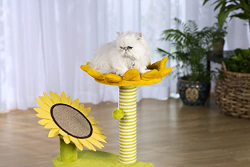 Image of Prevue Pet Products Sunflower Playground - Yellow and Green | Sunflower Pet Activity Center with Dangling Toy & Cat Scratcher, Durable Posts and Padded Platform Levels