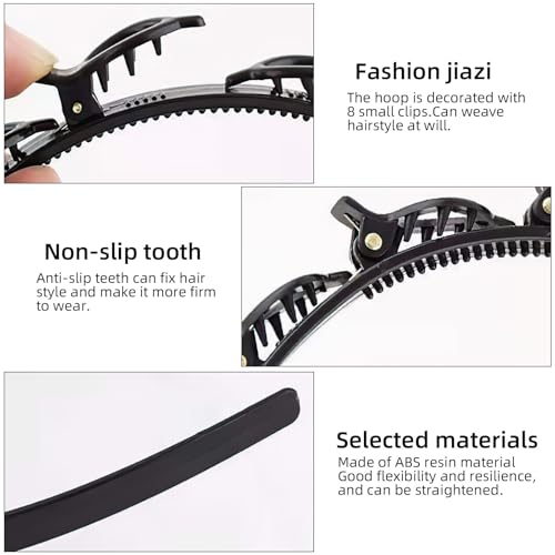 DUOJINSANXI 2 Pcs Hairband with Clips, Bangs Hairstyle Hairpin Headband, Toothed Headbands Braided Tool, Fashion Hair Clip Styling Accessory Tools for Women Girls (Black)