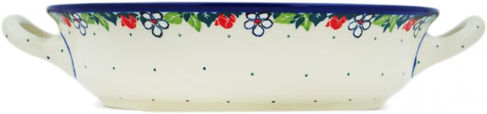 Polmedia Polish Pottery Round Baker with Handles - Spring's Arrival Pattern Handmade in Boleslawiec Poland by Ceramika Artystyczna + Certificate of Authenticity