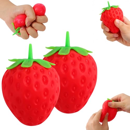 2PCS Squishy Squeeze Strawberry Slow Rising Stress Ball, Realistic Fruit Squeeze Toy, Adults Sensory Fidget Strawberry Squishy for Anxiety Relief, Focus Improvement, Desktop Decoration
