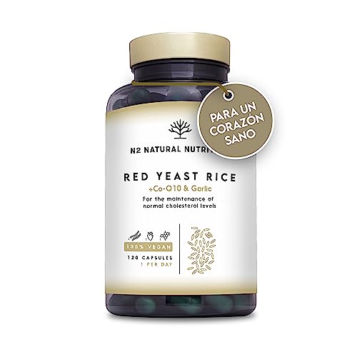 Levadura de arroz rojo + Coenzima Q10 + Monacolina K 2.9 mg. Regula Niveles de Colesterol en Sangre. Bienestar Cardiovascular. Vegano. 120 Cápsulas Vegetales. CE. N2 Natural Nutrition
