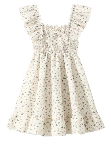 Fdqin Girls Summer Dress Tween Floral Boho Dresses Ruffle Sleeve A-line Sundress for Beach Holidays Beige Floral 7-8 Years
