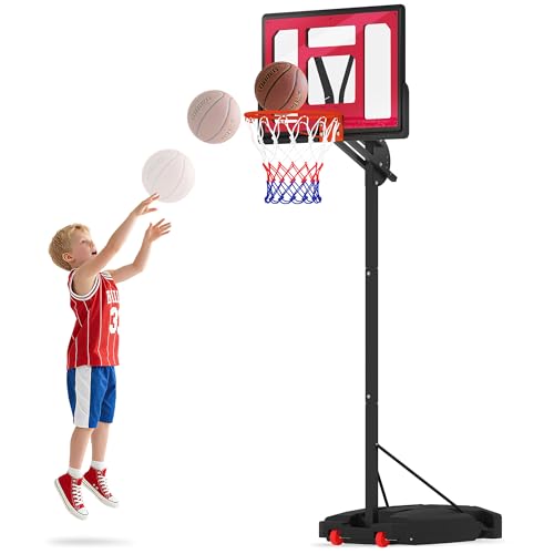 AIYAPLAY Canasta de Baloncesto con Bolsa de Peso Altura Regulable 200-260 cm Canasta de Baloncesto Portátil para Exterior con Ruedas y Base Rellenable para Interior y Exterior Rojo y Negro