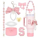 Rabrgab 7Pcs Pink Stanley Cup Accessories for 40Oz 30Oz 20Oz, Women Teen Girls Gifts, Stanley Tumbler Cup Decoration with Straw Topper, Bow Charm, Silicone Boot, Handle Strap, Letter Sticker S