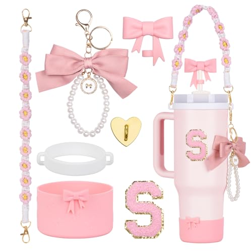 Rabrgab 7Pcs Pink Stanley Cup Accessories for 40Oz 30Oz 20Oz, Women Teen Girls Gifts, Stanley Tumbler Cup Decoration with Straw Topper, Bow Charm, Silicone Boot, Handle Strap, Letter Sticker S