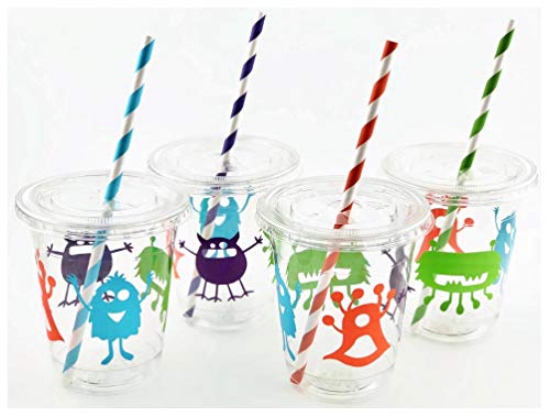 Monster Birthday Cups, Kids Birthday Party, Plastic Disposable Drink Cups, Slot Lids, Paper Straws, Set of 12