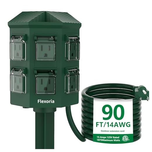 Flexoria Outdoor Power Strip Waterproof, 90 FT Heavy Duty Extension Cord, 6 Grounded Outlets for Graden and Yard Decorations, 15A/1875W, ETL Listed