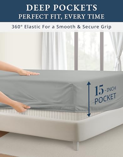Image of LANE LINEN Split Top King Sheets Sets for Adjustable Bed - Lime Stone | White King Sheets - 4-Piece Set, Long-Staple Egyptian Cotton, For A Cool, Restful Sleep, Buttery-Soft Silky Sateen