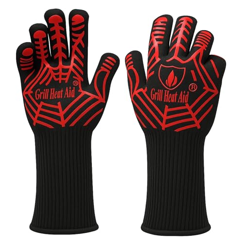 Image of GRILL HEAT AID BBQ Grill Gloves Heat Proof for Grilling - Fireproof 1472F Heat-Resistant Grill Mitts for Outdoor Barbecue and Smoker, Campfire, Fire Pit, Oven Glove with Fingers for Baking Pizza