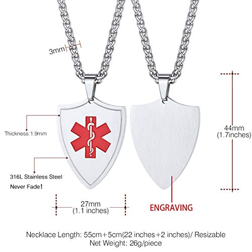 Men Women Medical Caduceus Alert Necklace Stainless Steel Customized Personal EMC Information Tag Protection Shield Pendant Necklace 22 Inch