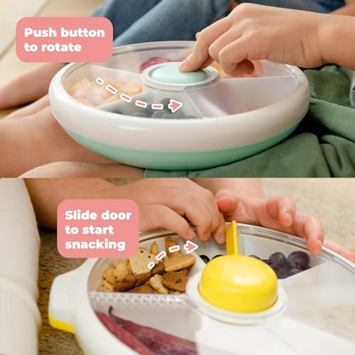 Image of GoBe Kids Large Snack Spinner Slide Bundle with Hand Strap and Sticker Sheet - Reusable Snack Container with 4 Compartment Dispenser and Lid | BPA /PVC Free | Dishwasher Safe | No Spill - Coral Pink
