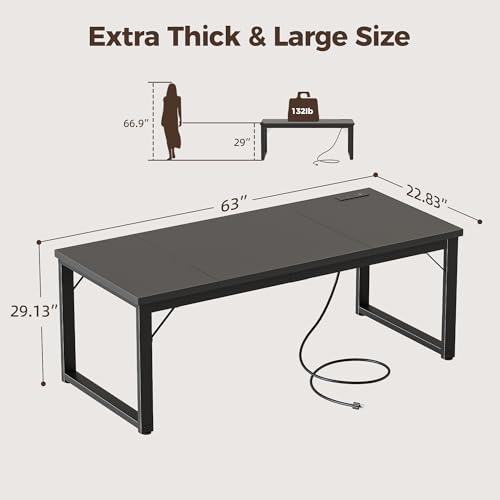 Image of Mericonia 63 Inch Computer Desk with Power Outlets, 1.2 inch Thick Office Table