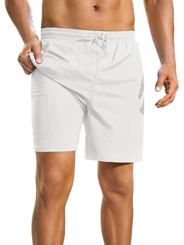 INCERUN Mens Swim Trunks with Compression Linner Waterproof Swim Shorts with Zipper Pocket Quick Dry Board Shorts White Large