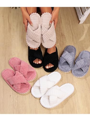 Eforcase Women Fuzzy Fluffy House Slippers Cute Plush Shoes Cross Band House Slippers Sandals Indoor Outdoor Open Toe Sandals3