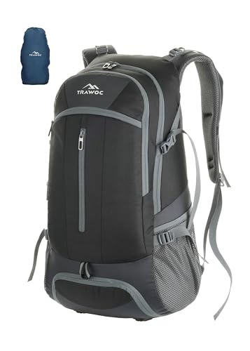 TRAWOC FALCON Mochila de viagem de 40 litros, mochila de viagem para laptop para homens e mulheres, mochila casual com capa de chuva para caminhadas, trilhas, bolsa de viagem, LHK005, Preto, 40L